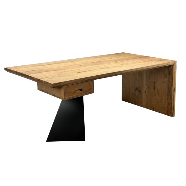 Schreibtisch aus Massivholz Akazie 180 x 90 cm rechteckig mit Schublade - Moderner massiver Bürotisch mit Metall - Natur Holztisch Industrial Design