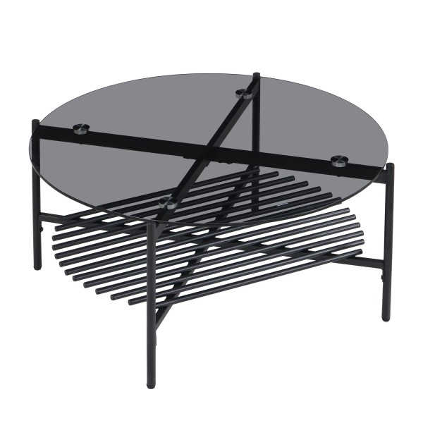 Couchtisch Glas Metall Rund 80x40 cm Schwarz, Moderner Wohnzimmertisch mit Ablage, Sofatisch Wohnzimmer mit Stauraum, Loft Kaffeetisch im Industrial Design