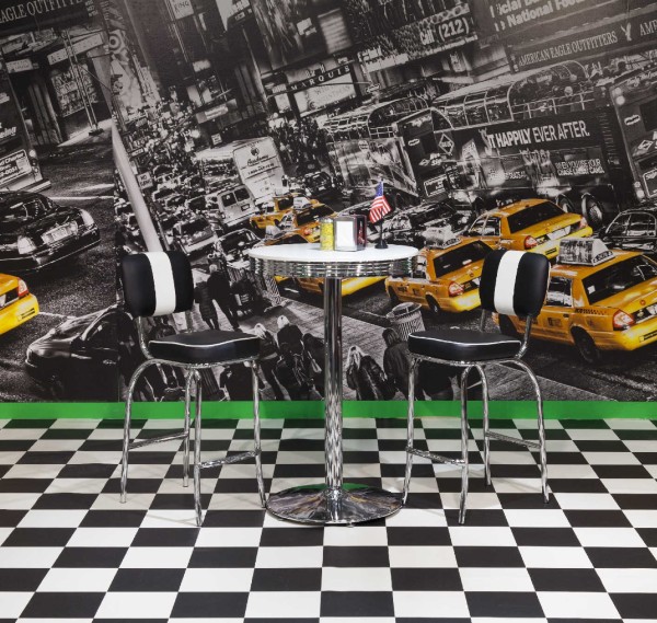 wonido Bargruppe "Seattle", Bezug: schwarz/weiß, American Diner Style, Trompetenfußtisch rund und 2 Barstühle, Tischplatte weiß