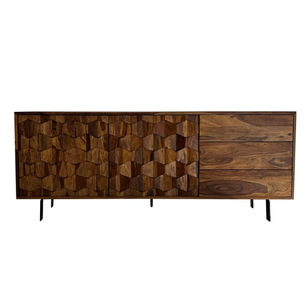 Sideboard Sheesham Massivholz 175 cm – Kommode mit Türen & Schubladen – Anrichte im Loft Industrial Design mit schwarzem Metallgestell – Wohnzimmer & Esszimmer Stauraum