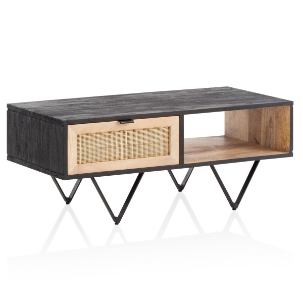 wonido Couchtisch Mango Massivholz/Rattan Sofatisch, Rechteckig, Wohnzimmertisch Massiv mit Schublade