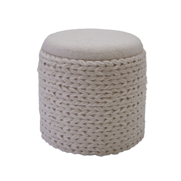 Sitzhocker mit Stauraum aus Wolle rund 40x40x45 cm, Hocker mit abnehmbarem Deckel, Beistellhocker handgefertigt im Boho Stil, Creme Weiß