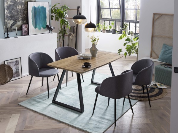 wonido Moderne Esstischgruppe, 140x80 cm, aus MDF mit Eiche-Dekor, Beine Metall, 6 Stuhl-Sets zur Auswahl