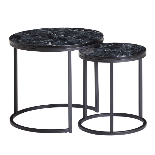 wonido Design Beistelltisch 2er Set Schwarz, Marmor Optik Rund, Couchtisch 2-teilig, Tischgestell Metall