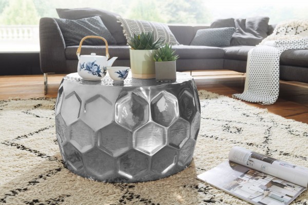 wonido Design Couchtisch Ø61 cm, Aluminium Anstelltisch, Orientalisch Silber Rund, Flacher Hammerschlag, Sofatisch Metall, Telefontisch