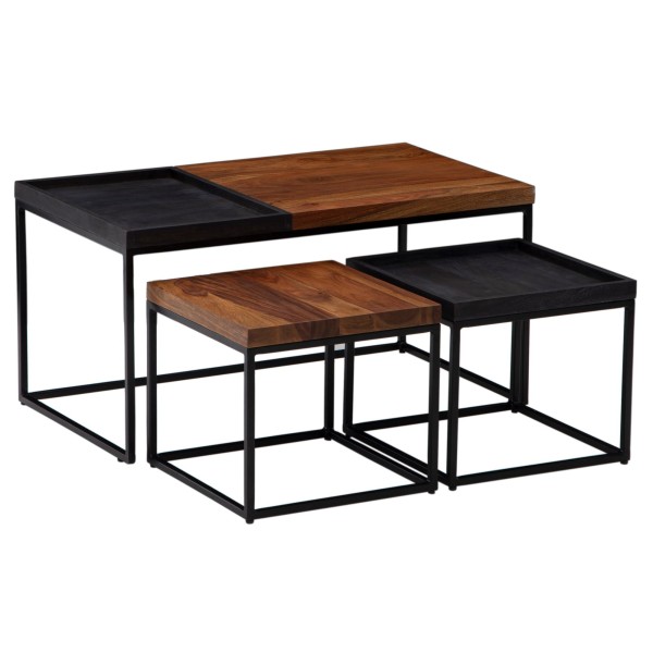 wonido Modernes Holz Couchtisch 3er-Set Sheesham Massivholz/Metall, Braun/Schwarz, Eckig