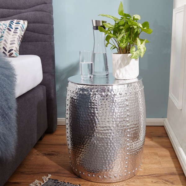 wonido Design Beistelltisch 42x49x42cm, Aluminium Dekotisch, Orientalisch rund, Kleiner Hammerschlag mit Nieten, Anstelltisch schmal
