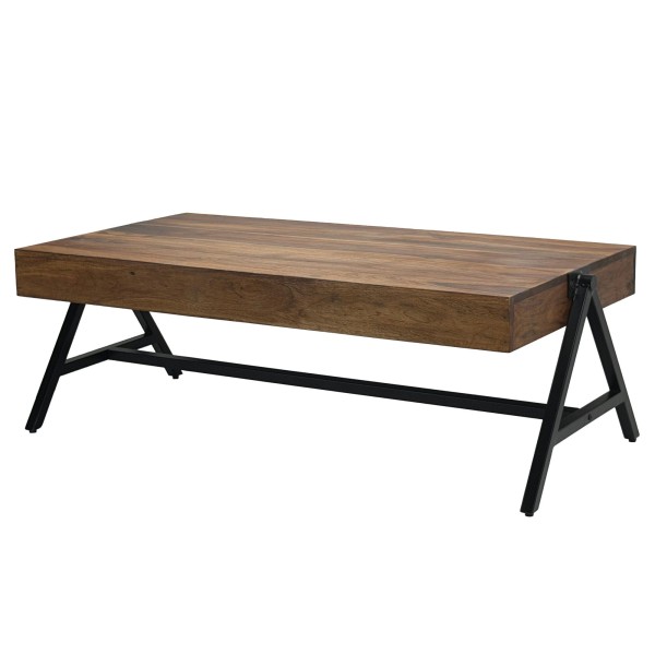 Couchtisch Sheesham Massivholz rechteckig 120cm · Wohnzimmertisch mit Metallgestell · Handgefertigter Sofatisch im modernen Industrial Design mit stabiler Tischplatte